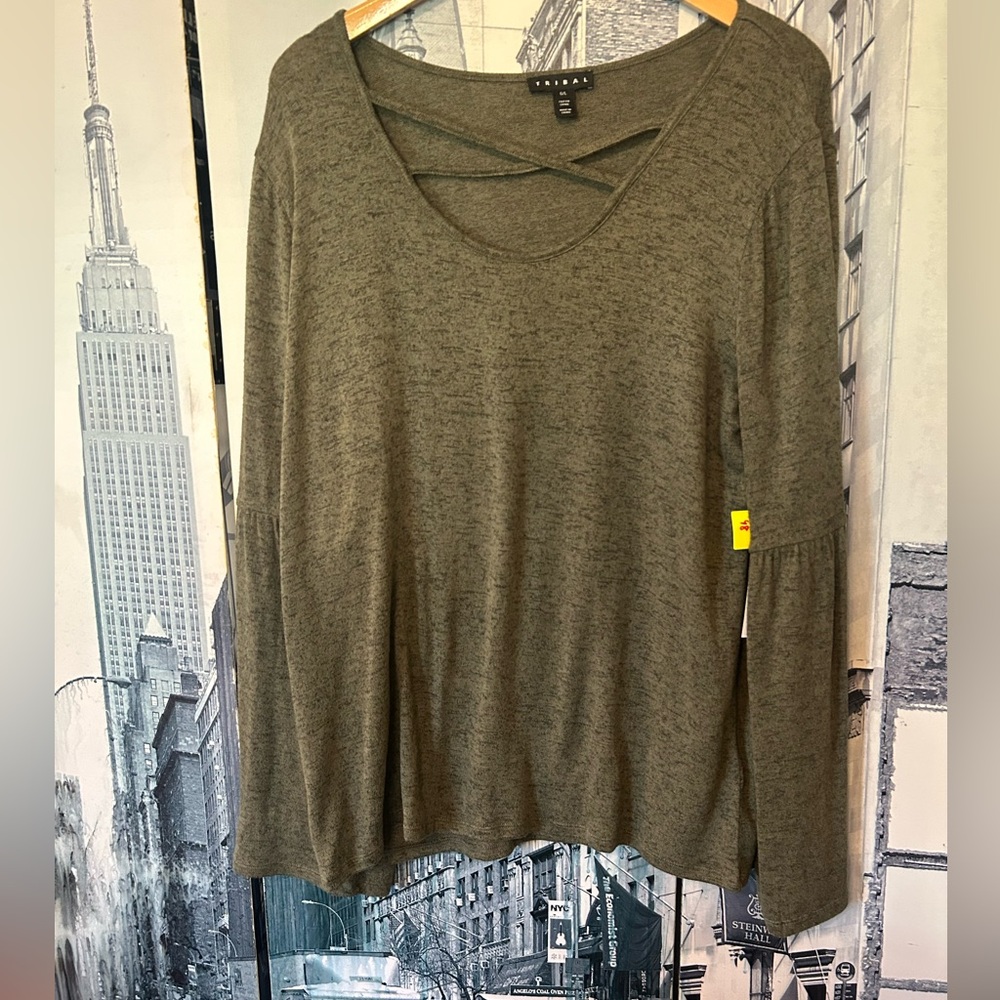 TRIBAL -  Olive Green Long Sleeve Top with Crisscross Neck